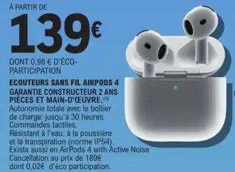 E.Leclerc Espace Culturel Ecouteurs sans fil airpods 4 offre