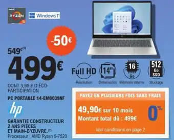 E.Leclerc Espace Culturel HP Pc portable 14-em0039nf offre