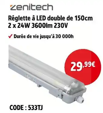 Screwfix ZENITECH Réglette à LED double de 150cm 2 x 24W 3600lm 230V offre