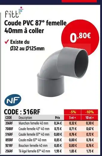 Screwfix Fitts Coude PVC 87° femelle 40mm à coller offre