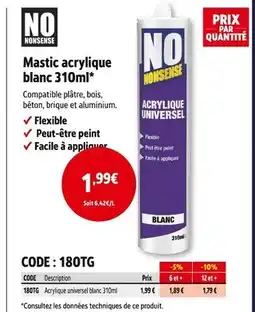 Screwfix NO NONSENSE Mastic acrylique blanc 310ml offre