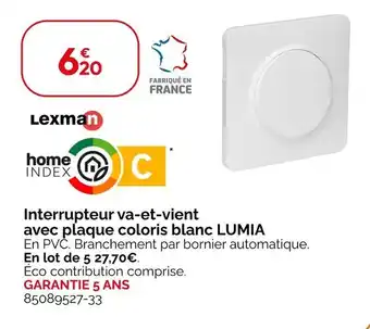 Weldom Lexman Interrupteur va-et-vient avec plaque coloris blanc lumia offre