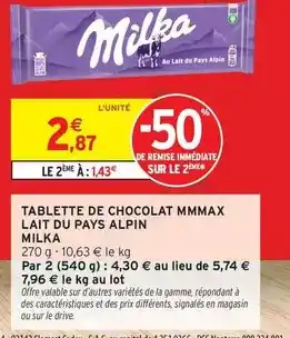 Intermarché Milka - tablette de chocolat mmmax lait du pays alpin offre