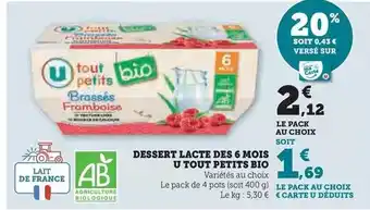 Hyper U U - dessert lacte des 6 mois tout petits bio offre