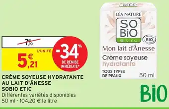 Intermarché Sobio etic crème soyeuse hydratante au lait d'ânesse offre