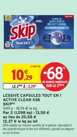 Intermarché Skip lessive capsules tout en 1 active clean x26 offre