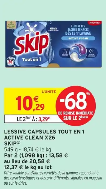 Intermarché Skip lessive capsules tout en 1 active clean x26 offre