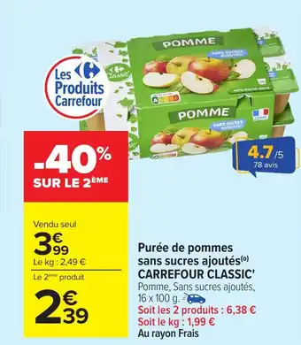 Carrefour CARREFOUR CLASSIC Purée de pommes sans sucres ajoutés offre