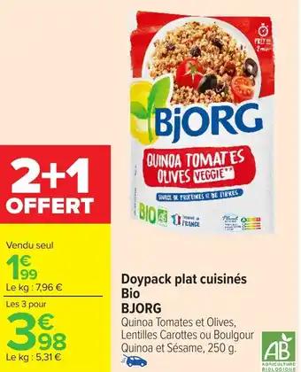 Carrefour BJORG Doypack plat cuisinés Bio offre