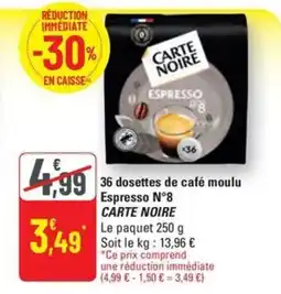 G20 CARTE NOIRE 36 dosettes de café moulu Espresso N°8 offre