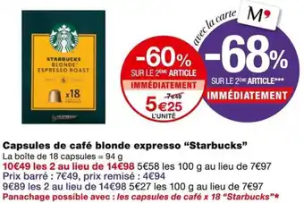 Monoprix Starbucks Capsules de café blonde expresso offre