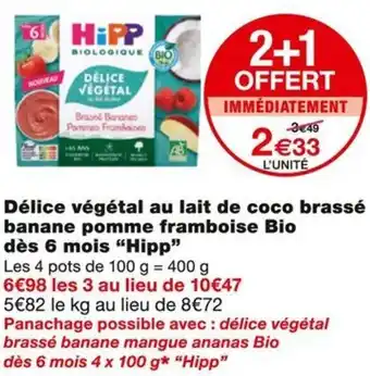 Monoprix Hipp Délice végétal au lait de coco brassé banane pomme framboise Bio dès 6 mois offre