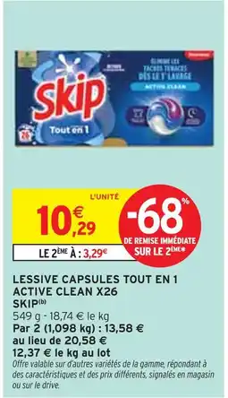 Intermarché SKIP Lessive capsules tout en 1 active clean x26 offre