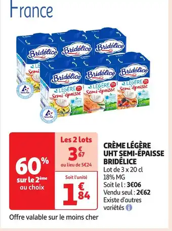 Auchan Crème légère uht semi-épaisse bridélice offre