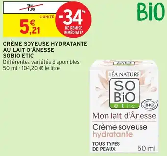 Intermarché Hyper Sobio etic crème soyeuse hydratante au lait d'ânesse offre