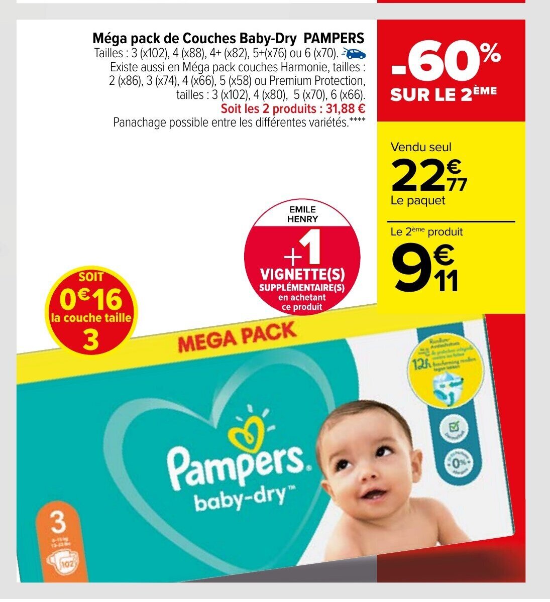 Promo Méga Pack De Couches BabyDry Pampers chez Carrefour