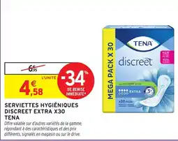 Intermarché TENA Serviettes hygiéniques discreet extra x30 offre