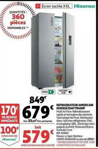 Auchan Réfrigérateur Américain Hisense offre
