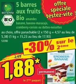 Norma 5 barres aux fruits Bio amandes banane, banane-maracuja, cranberry-cerises ou dattes-noisettes offre