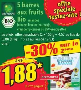 Norma 5 barres aux fruits Bio amandes banane, banane-maracuja, cranberry-cerises ou dattes-noisettes offre