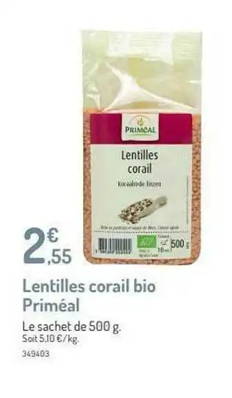 Botanic Lentilles Corail Bio Priméal offre