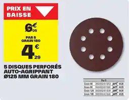 Brico Dépôt 5 disques perforés auto-agrippant Ø125 mm grain 180 offre