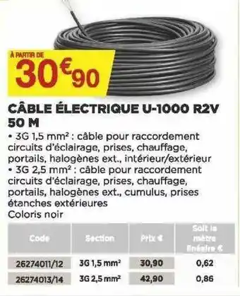 Bricomarché Câble électrique U-1000 R2v 50 M offre