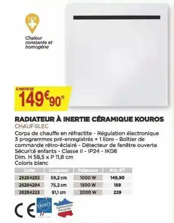 Bricomarché Radiateur à Inertie Céramique Kouros Chaufelec offre