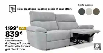 Canapé 3 Places 2 Relax électriques Gris Clair Orion