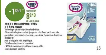 Casino Supermarchés Kit De 4 Sacs Aspirateur Ph86 + 1 Filtre Moteur Handy Bag offre