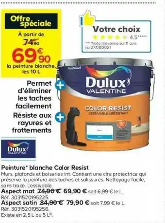 Castorama Peinture Blanche Color Resist Delux Valentine offre