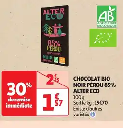 Auchan Chocolat bio noir pérou 85% offre