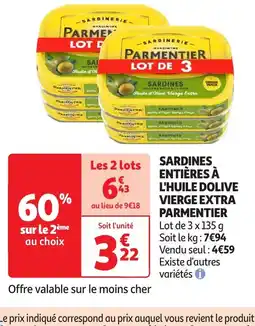 Auchan PARMENTIER Sardines entières à l'huile dolive vierge extra offre