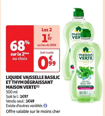 Auchan MAISON VERTE Liquide vaisselle basilic et thym dégraissant offre