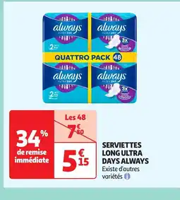 Auchan ALWAYS Serviettes long ultra days offre