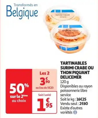 Auchan Supermarché DELICEMER Tartinables surimi crabe ou thon piquant offre