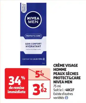 Auchan Supermarché NIVEA MEN Crème visage homme peaux sèches protect&care offre