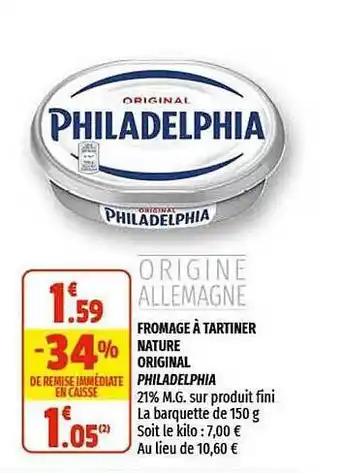 Coccinelle Supermarché Fromage à Tartiner Nature Original Philadelphia offre