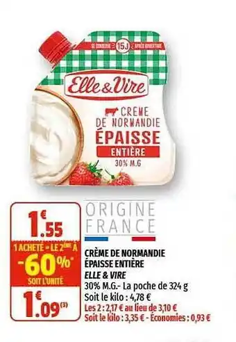 Coccinelle Supermarché Crème De Normandie épaisse Entière Elle & Vire offre