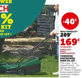 Hyper U Tondeuse easymower sans fil 18v offre