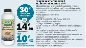 Hyper U CLAIRLAND Désherbant concentré allées & terrasses 1 L offre