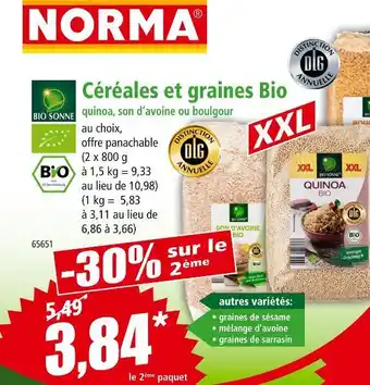 Norma BIO SONNE Céréales et graines Bio quinoa, son d'avoine ou boulgour offre