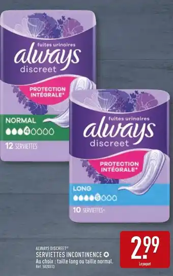 ALDI Always Discreet Serviettes Incontinence offre