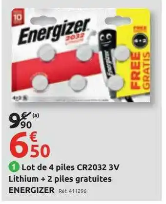 Mr Bricolage Lot De 4 Piles Cr2032 3v Lithium + 2 Piles Gratuites Energizer offre