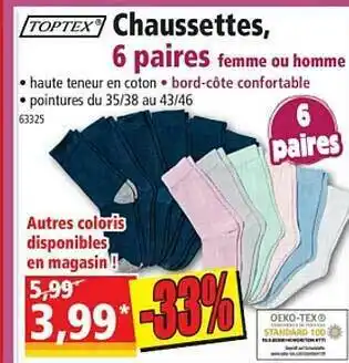 Norma Chaussettes, 6 Paires Femme Ou Homme Toptex offre