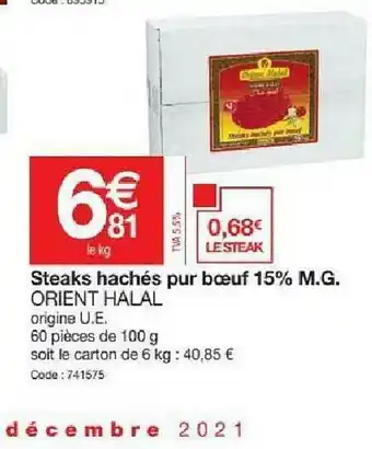 Promocash Steaks Hachés Pur Bœuf 15% M.g. Orient Halal offre