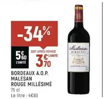 Spar Bordeaux A.o.p. Malesan Rouge Millésumé offre