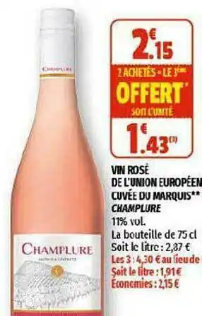 Coccinelle Supermarché Vin Rosé De L'union Européenne Cuvée Du Marquis Champlure offre