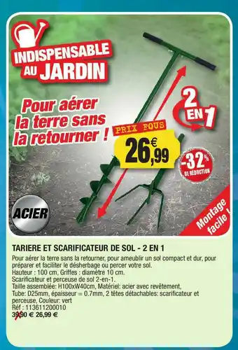 Outiror Tarière Et Scarificateur De Sol - 2 En 1 Acier offre