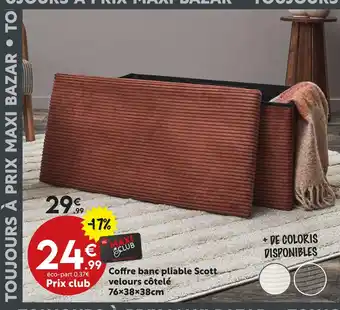 Maxi Bazar Coffre banc pliable Scott velours côtelé 76x38x38cm offre